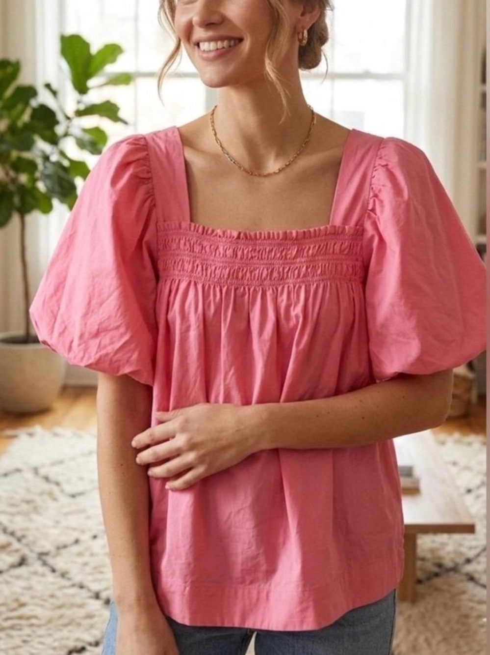 Anthropologie Maeve Puff-Sleeve Smocked Blouse Pink Size Medium NWT New